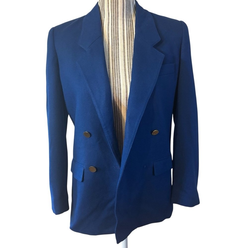 Vintage Evan Picone Blazer Size 4P Wool Blue Double-Breasted Gold Buttons FLAWS